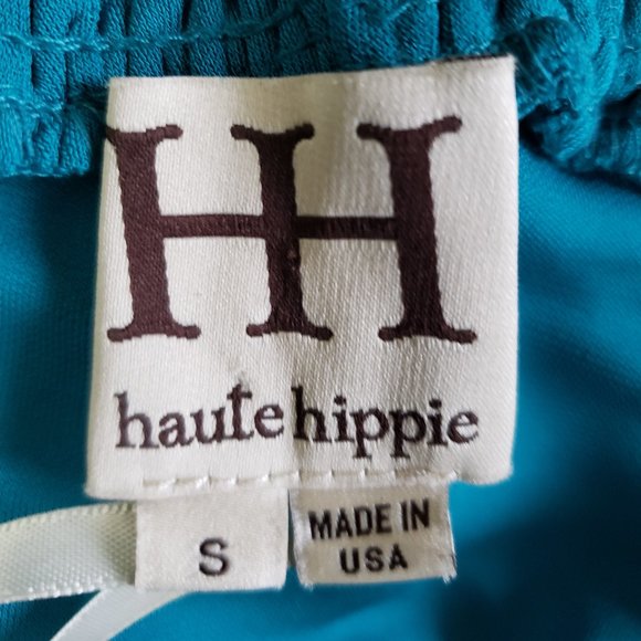 haute hippie Aquamarine Teal Plunging V Grecian Goddess Slit Maxi Gown Dress S M - Picture 14 of 16